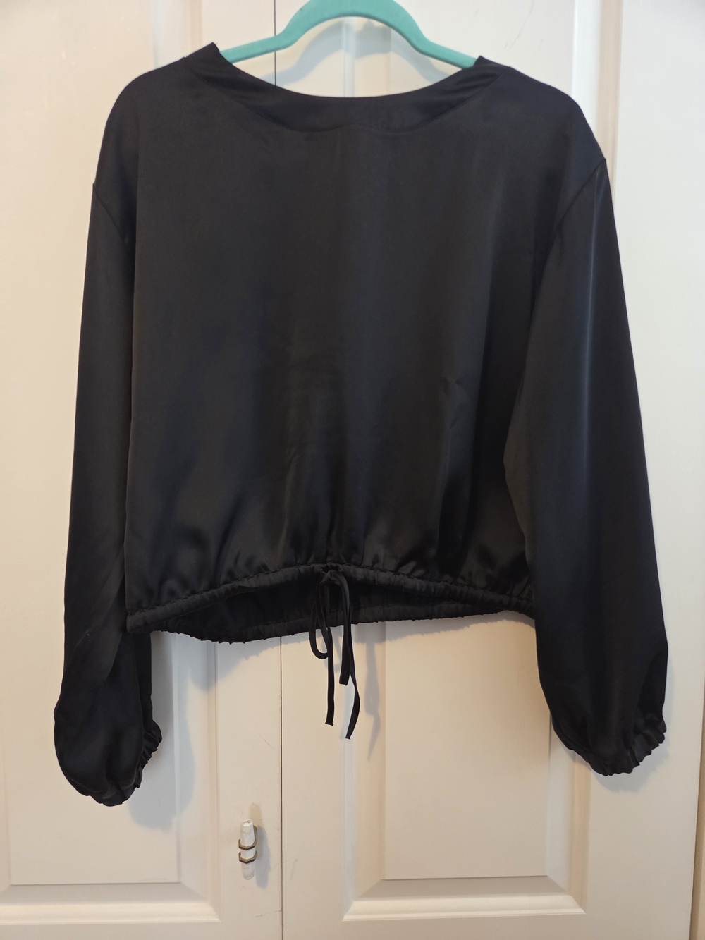 Black Cropped Drawstring Satin Blouse
